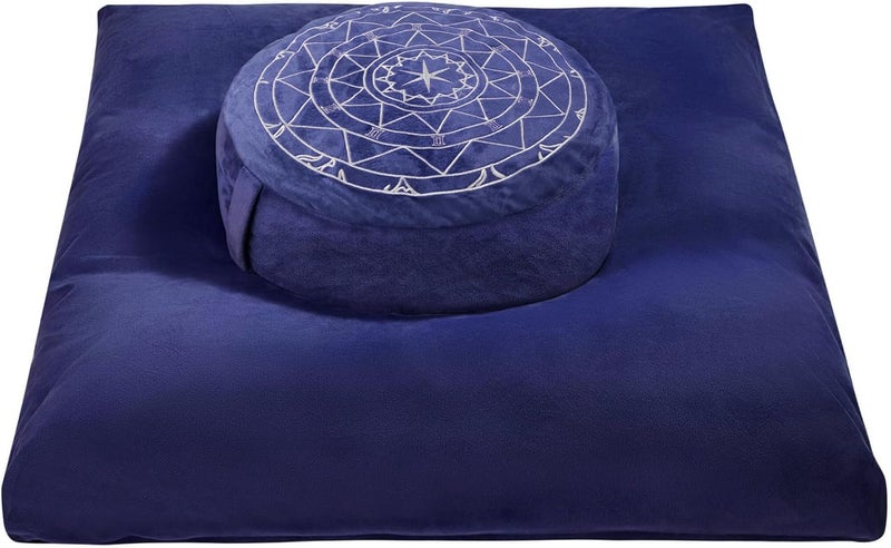 ellier Zafu & Zabuton Meditation Cushion Set - Buckwheat Hull & Memory Foam Pillows, Ergonomic Support for Yoga, Mindfulness - Organic Velvet Cover, Large Size, Durable Comfort (Dark Blue) - Image 1